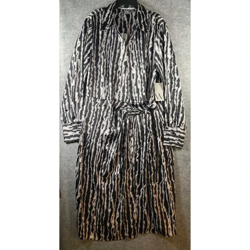 Worthington Womens XL Black White Abstract Stripe Tie Waist Midi Shirt Dress NWT